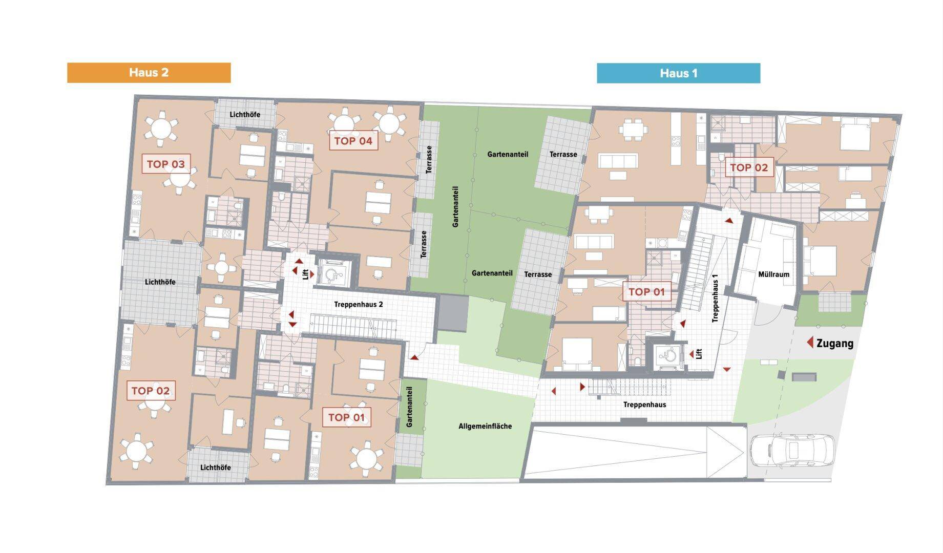 Gesamtgrundriss der Häuser 1 und 2 mit mehreren Wohneinheiten, Terrassen und Gartenbereichen.