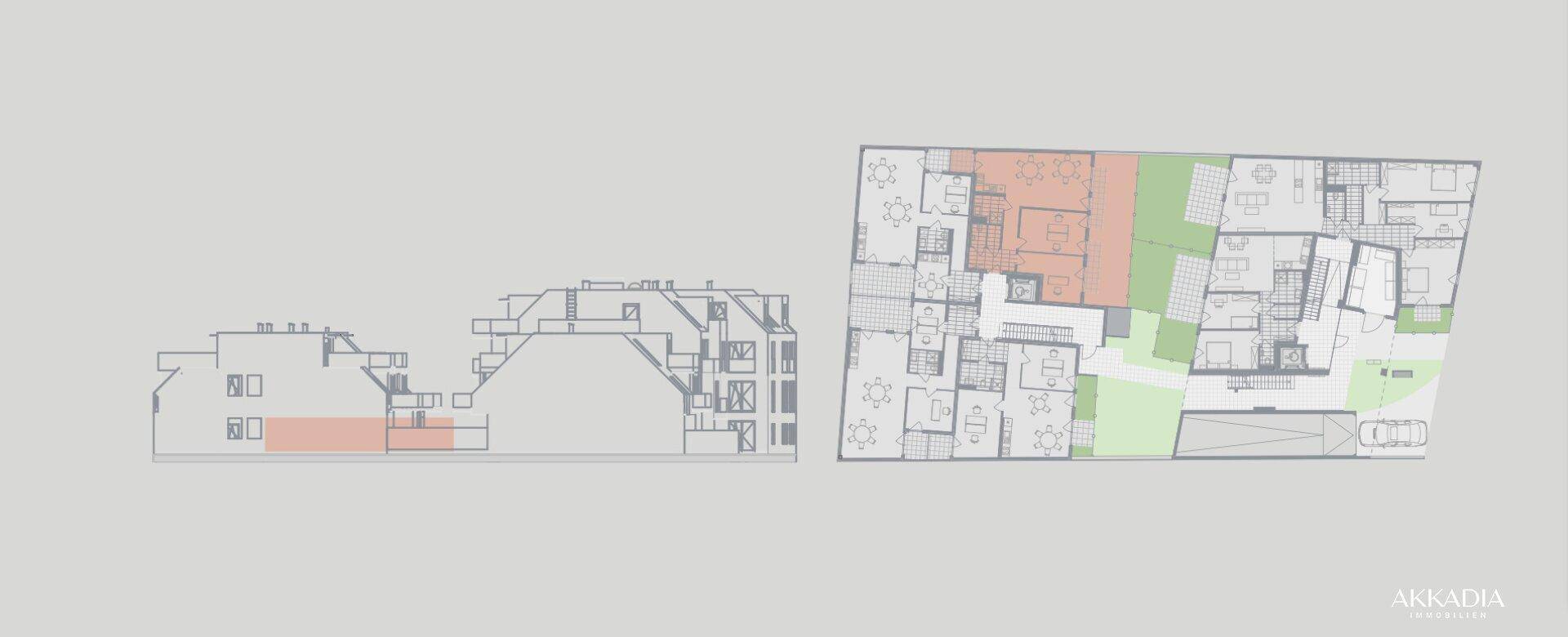 Architektonische Schnittzeichnung des Gebäudes und zugehöriger Grundriss mit markierten Bereichen.