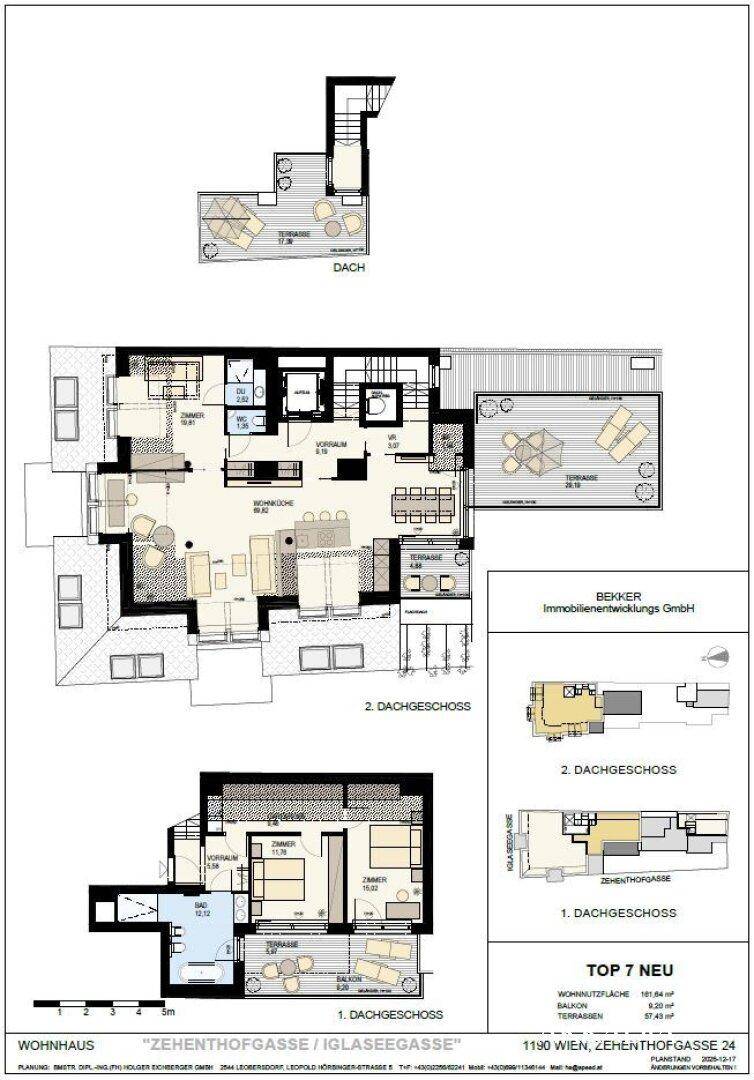 Detaillierter Grundriss einer Maisonette-Wohnung über drei Ebenen mit mehreren Terrassen und offenem Wohnbereich.