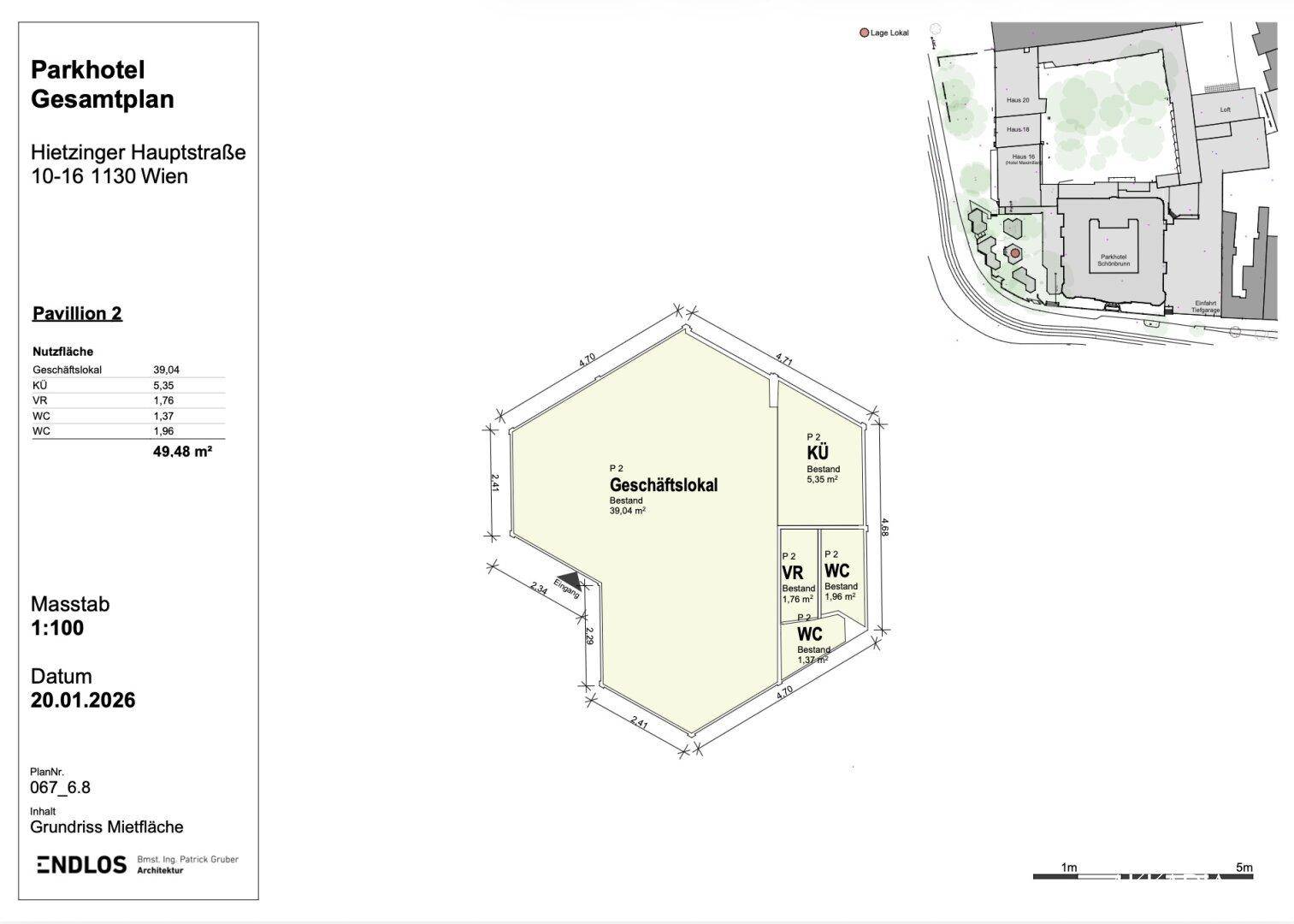 Detaillierter Grundriss eines Geschäftslokals mit WC-Bereichen und genauen Maßen.