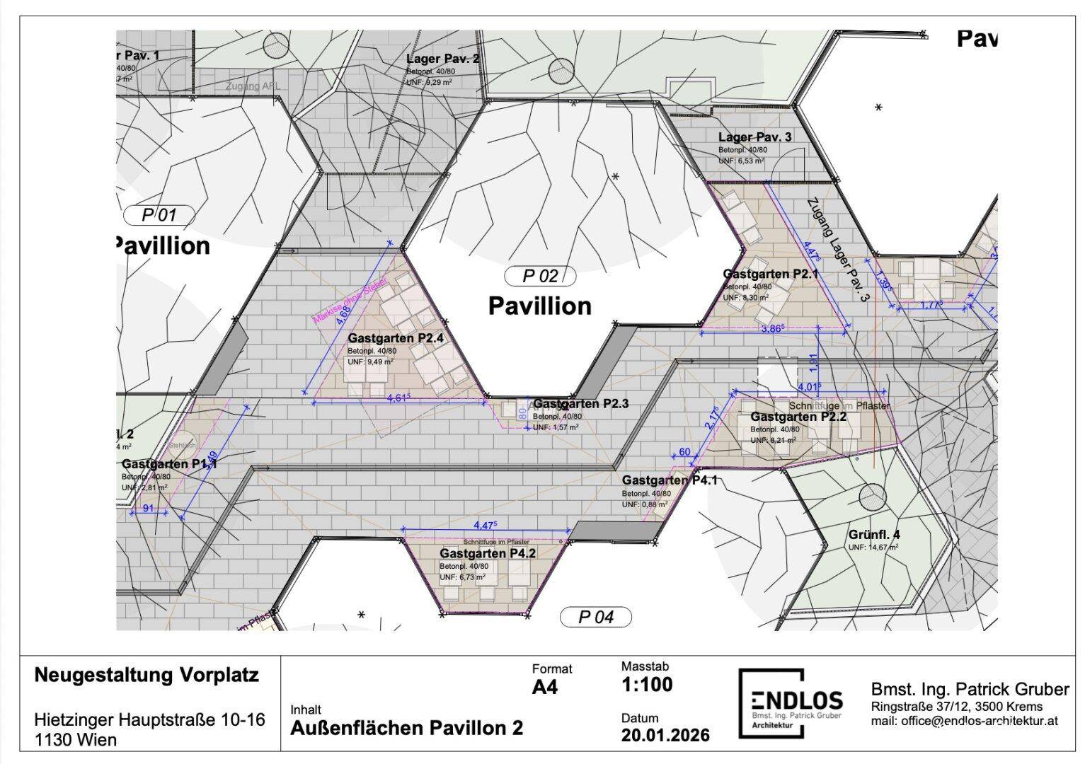 Detaillierter Plan zur Neugestaltung eines Vorplatzes mit mehreren Gastgärten und Grünflächen.