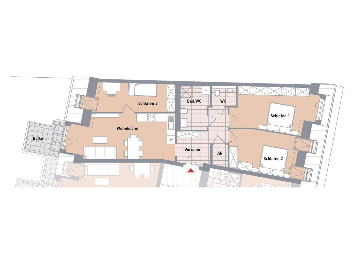 Grundriss einer Wohnung mit drei Schlafzimmern, offener Wohnküche, Bad, separatem WC und Balkon.