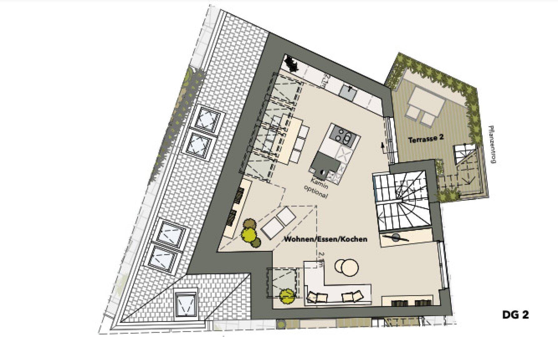 Grundriss des zweiten Dachgeschosses mit offenem Wohn-Ess-Kochbereich und Terrasse.