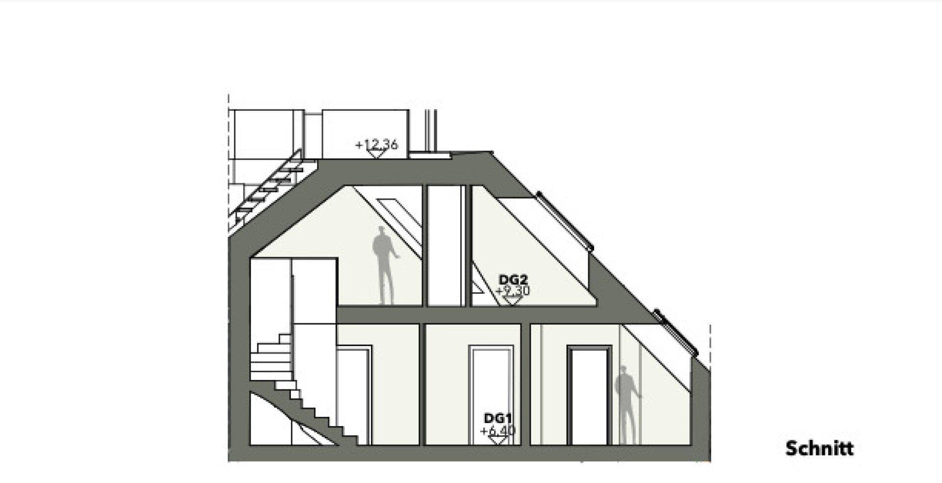 Architektonischer Schnitt zeigt die vertikale Struktur des Gebäudes mit Dachschrägen.
