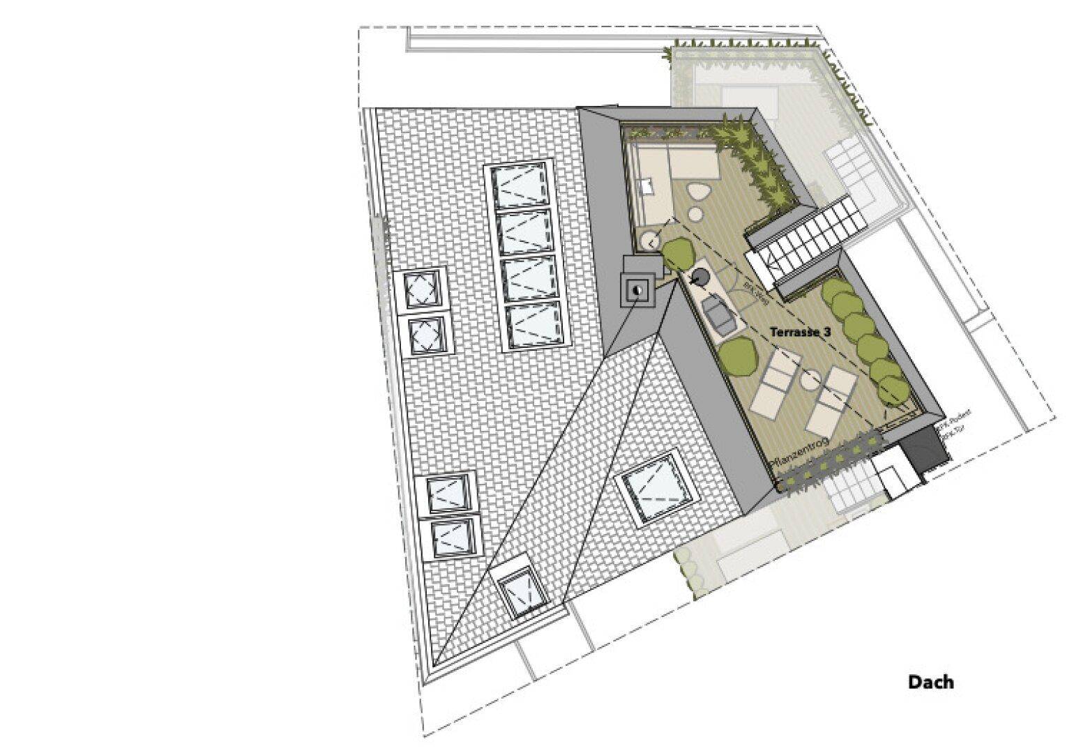 Dachplan zeigt die Anordnung der Dachflächen, Dachfenster und Terrassenbereiche.