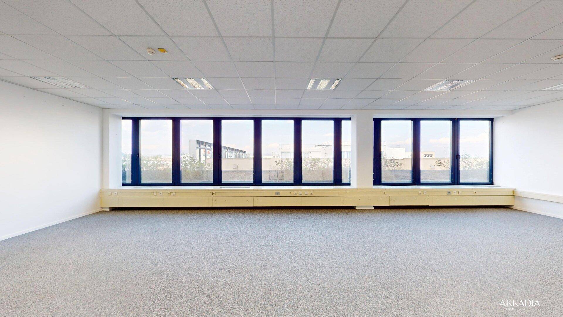 Weitläufiges, leeres Büro mit grauem Teppichboden und großen Fenstern, bietet viel Raum.