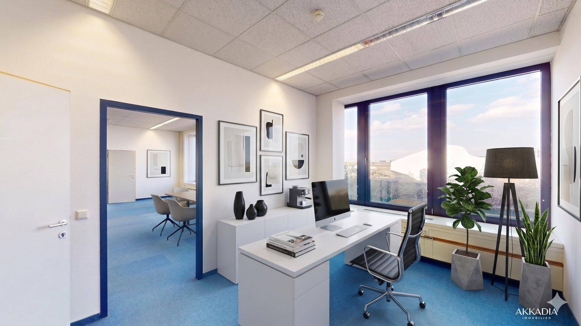 Möbliertes Bürozimmer mit modernem Schreibtisch, blauer Teppichboden und stilvoller Dekoration.