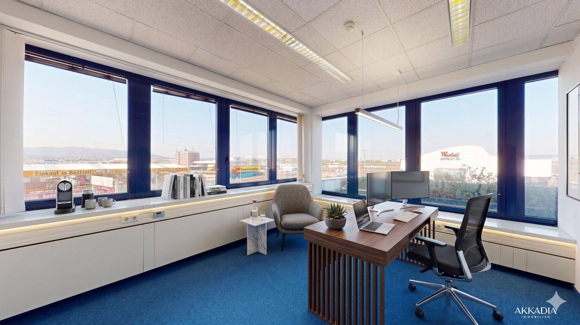 Einzelbüro mit blauer Teppichboden, modernem Schreibtisch und großen Fenstern mit Ausblick.
