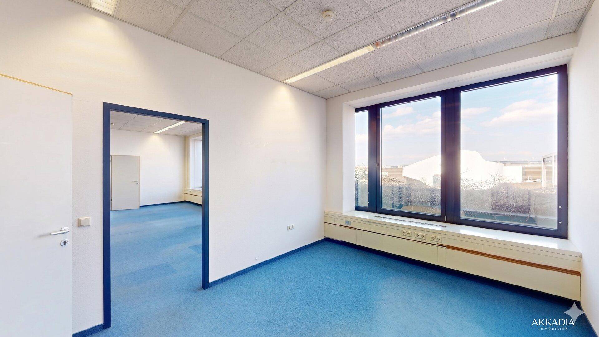 Leeres Büro mit blauer Teppichboden und großen Fenstern, bereit zur individuellen Gestaltung.