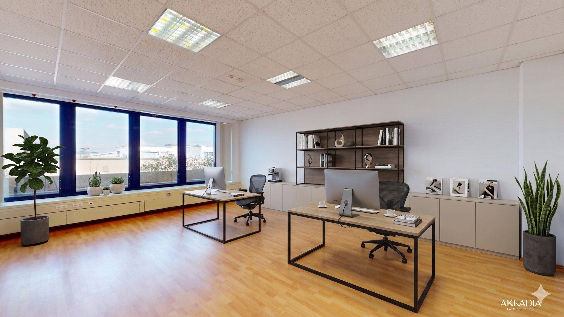 Helles Büro mit zwei Arbeitsplätzen, Regalen und Pflanzen, ausgestattet mit hellem Holzfußboden.