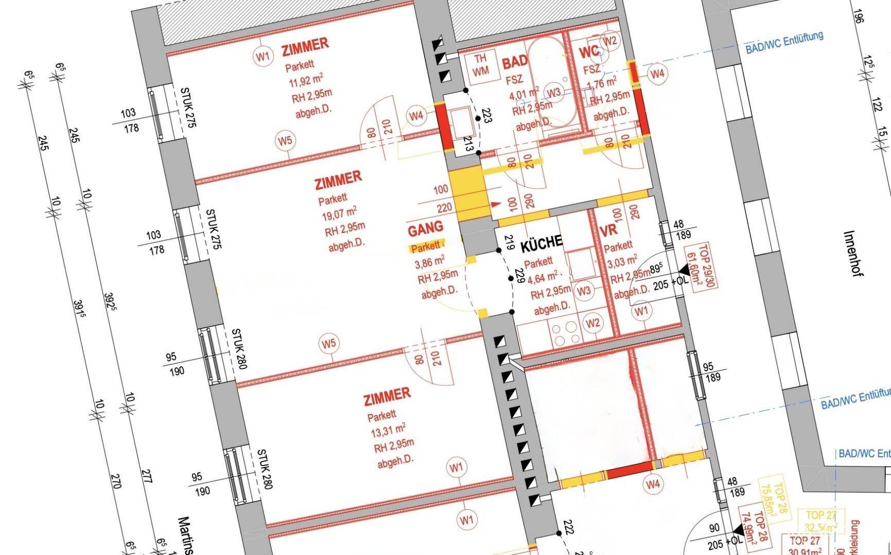 Grundrissplan einer Wohnung mit mehreren Zimmern, Küche, Bad und separatem WC.