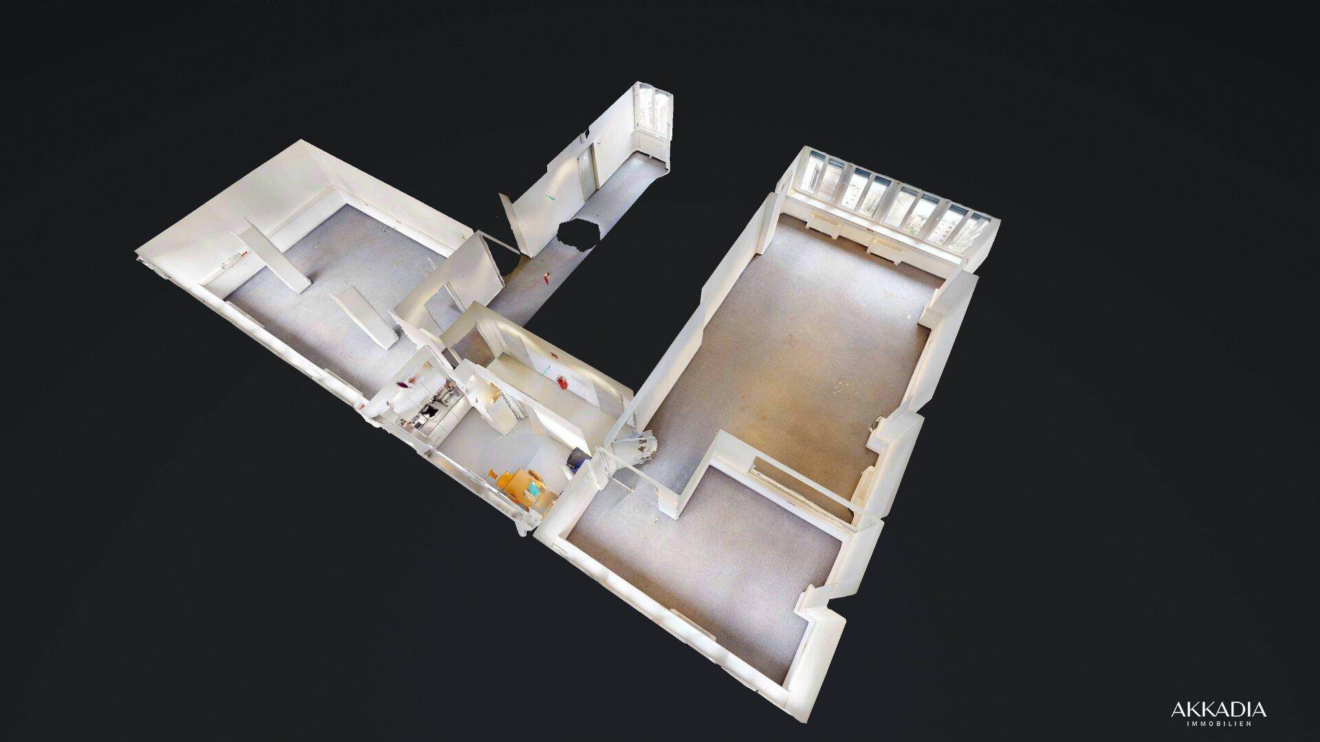 Perspektivische 3D-Ansicht des Grundrisses, die die Raumaufteilung und die Fensterfronten hervorhebt.