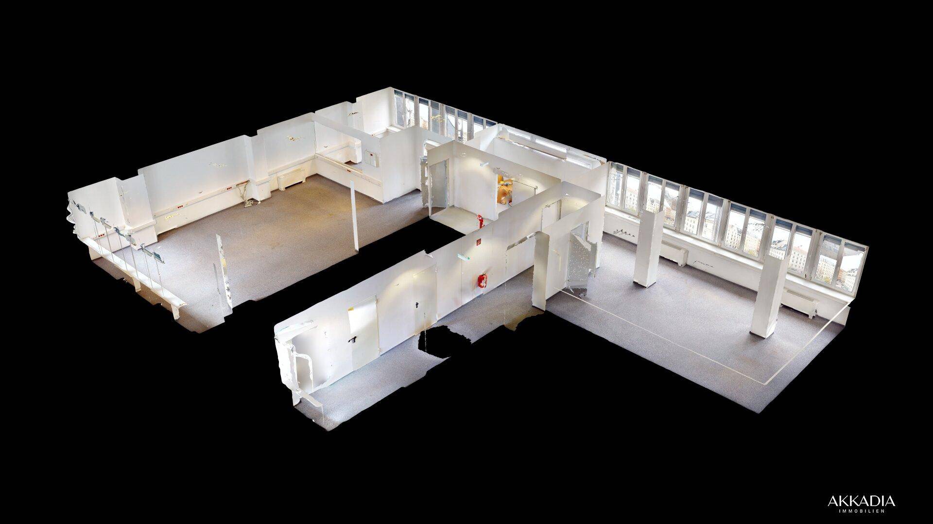 Detaillierte 3D-Grundrissansicht, die die Struktur der Büroräume und die langen Fensterreihen zeigt.