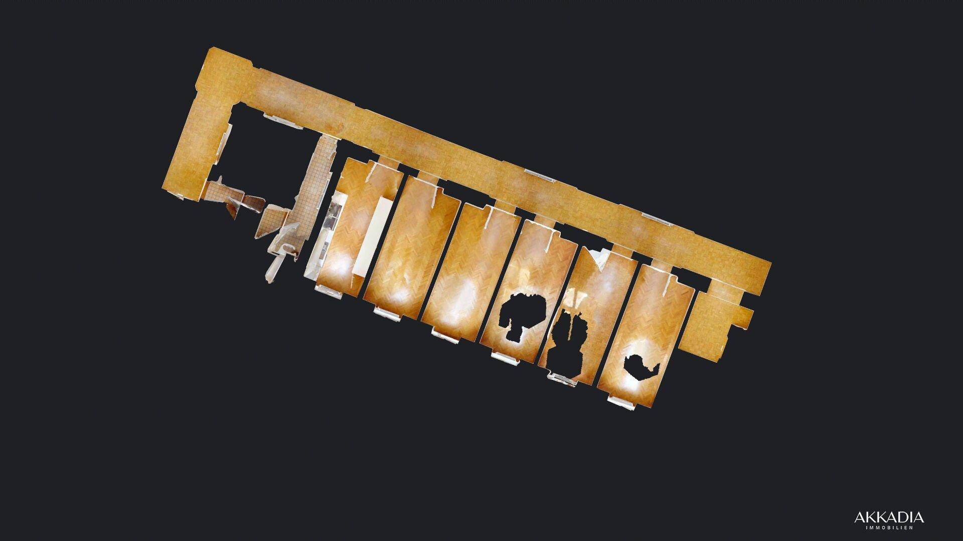 Schräge Draufsicht des Grundrisses mit Holzböden und der Raumaufteilung.