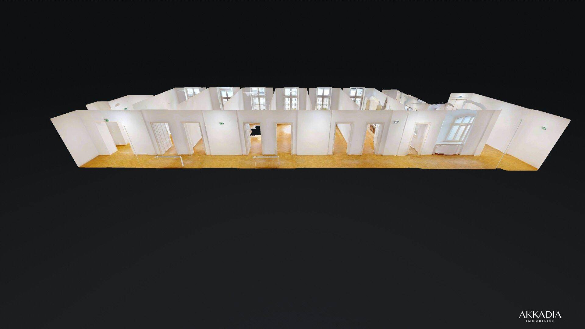 3D-Ansicht des Grundrisses zeigt die Raumaufteilung mit Fenstern und Türen.