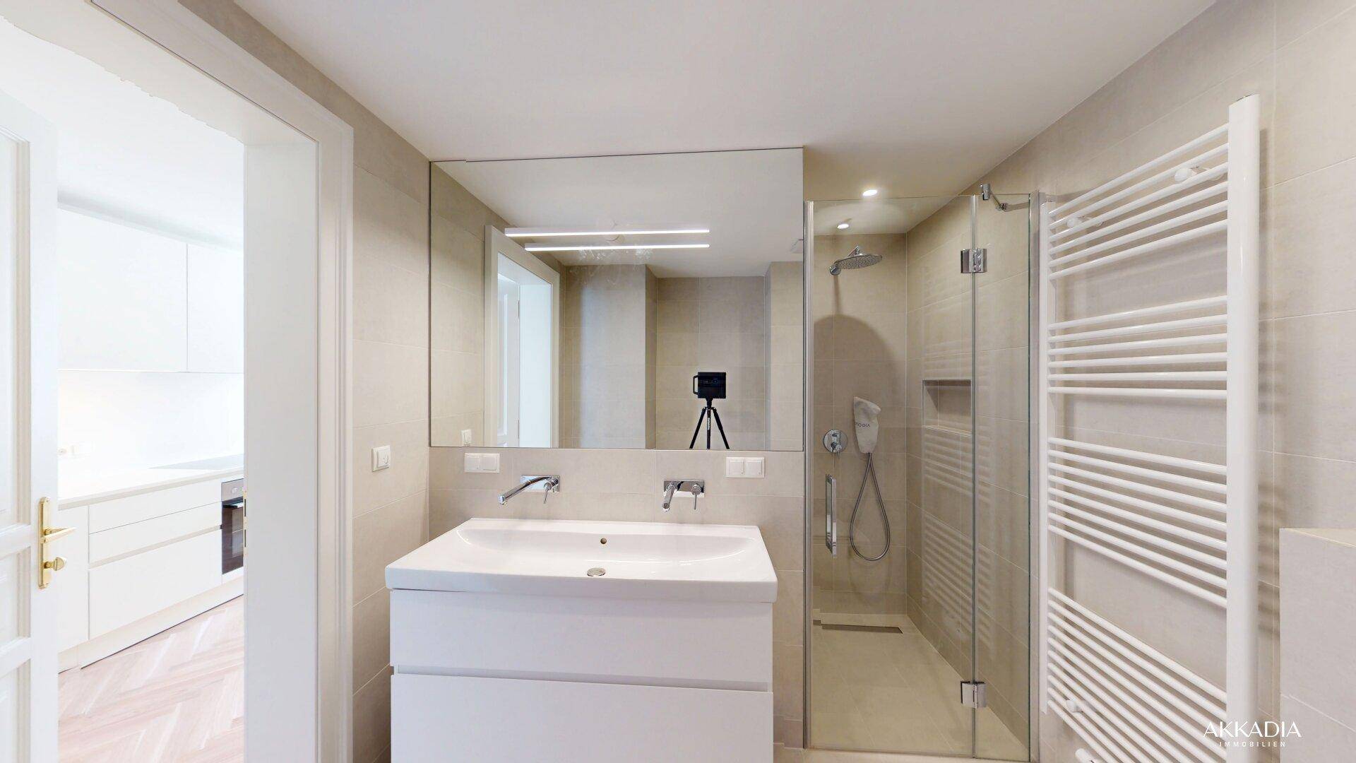 Modernes Badezimmer mit Waschtisch, großer Spiegelfläche und begehbarer Dusche.