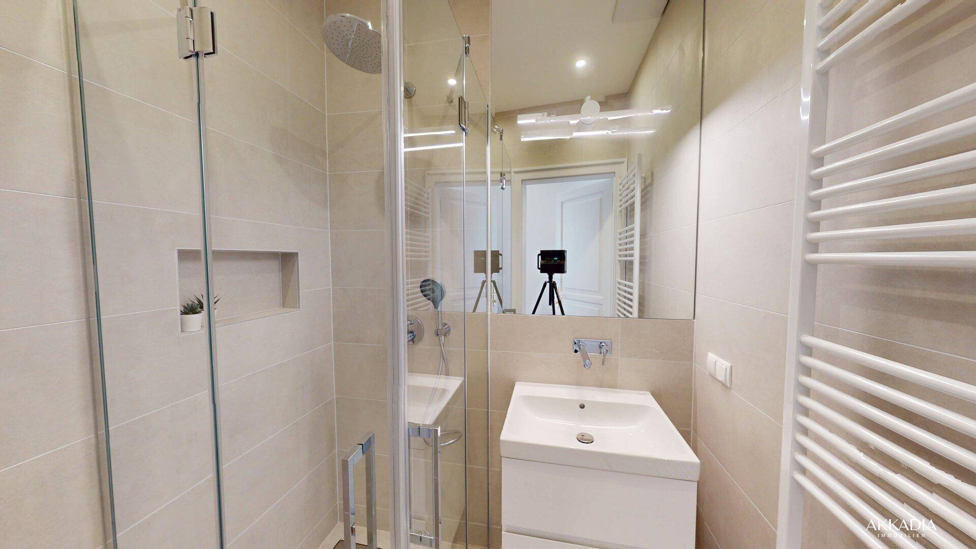 Modernes Badezimmer mit begehbarer Dusche, Waschtisch und beheiztem Handtuchhalter.