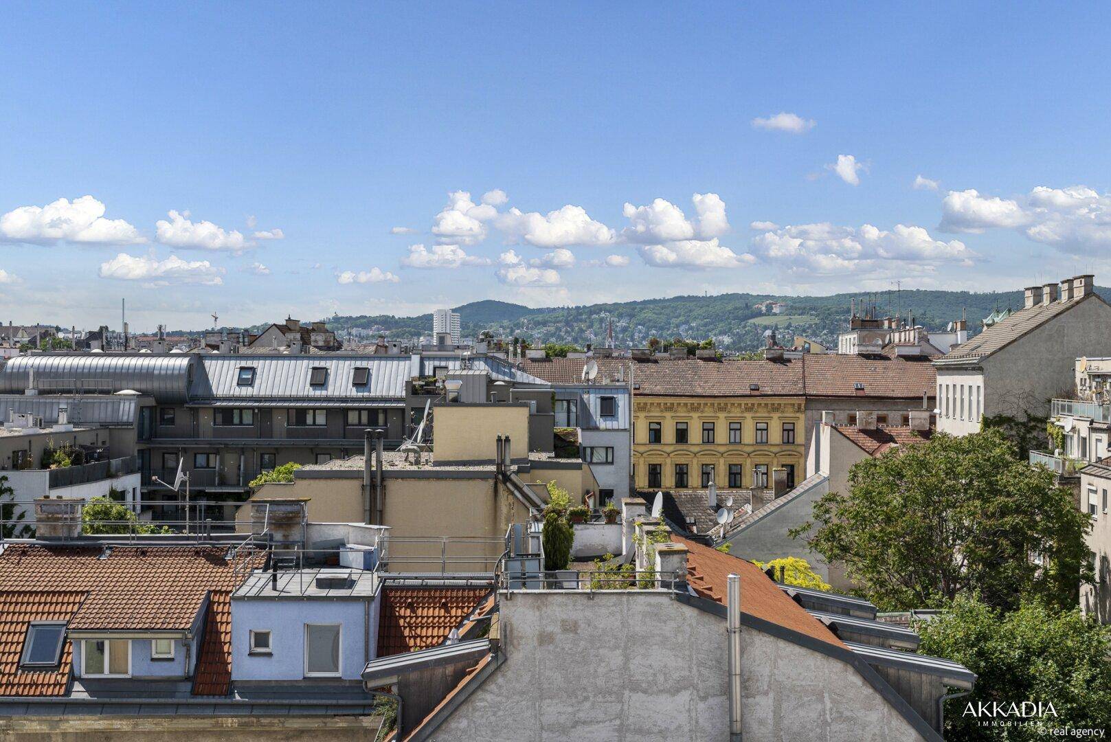 Weiter Blick über die Dächer der Stadt bis zu den grünen Hügeln am Horizont.