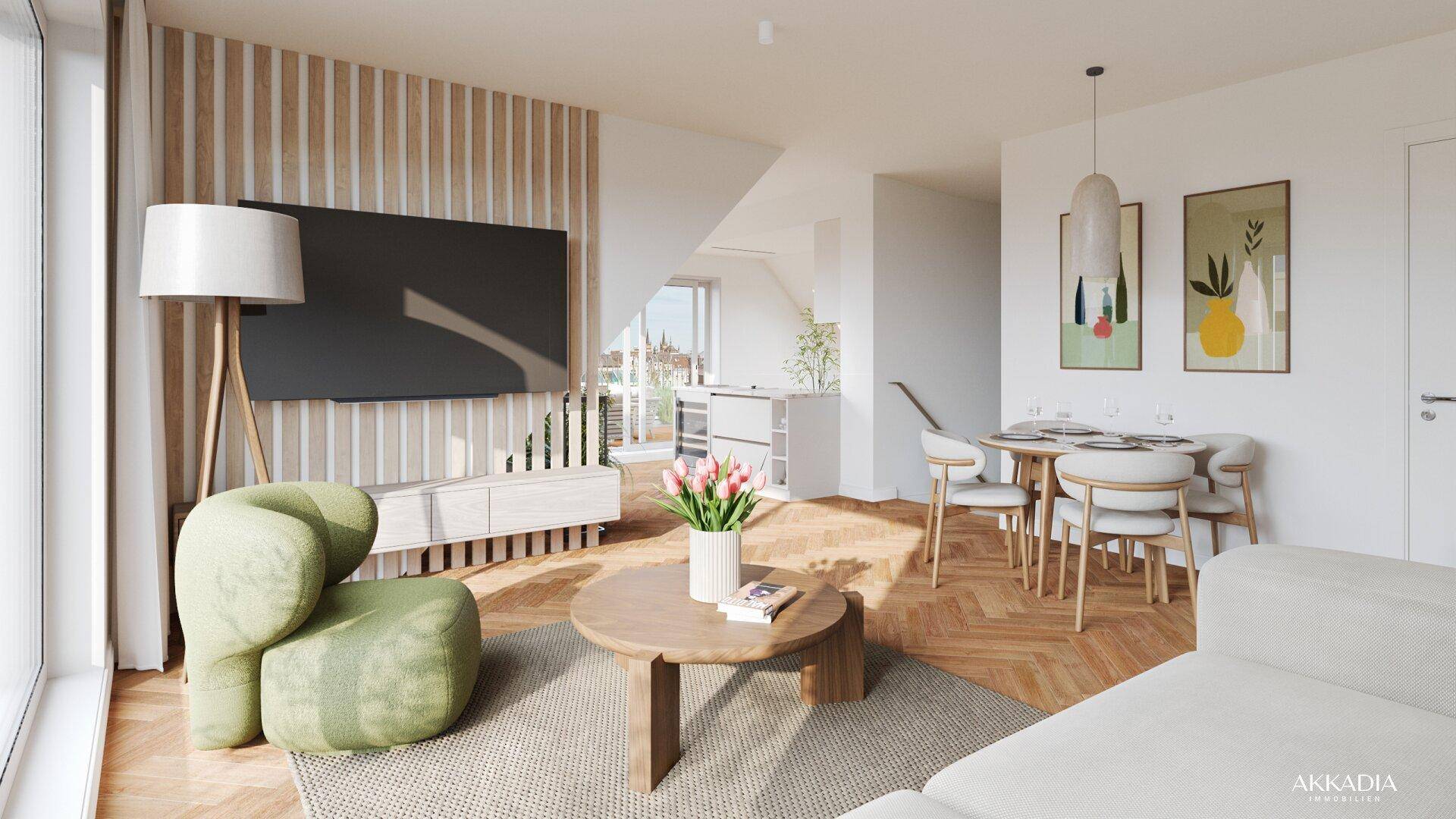 Helles Wohnzimmer mit modernem Design, Holzakzenten und Essbereich.