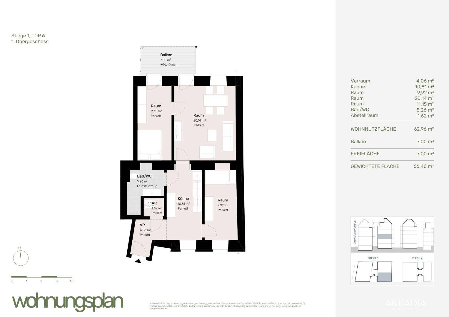 Grundriss der Wohnung im ersten Obergeschoss mit Balkon und Raumaufteilung.