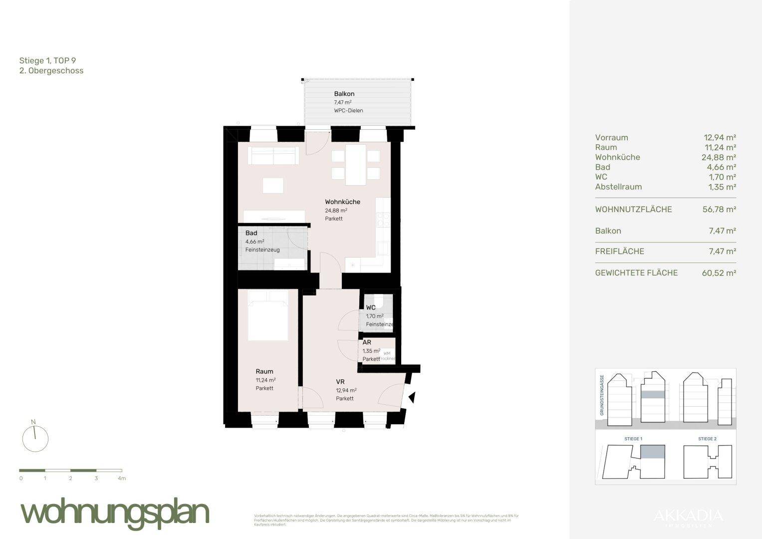 Grundriss der Wohnung im 2. Obergeschoss mit Wohnküche, Bad, WC und Balkon.