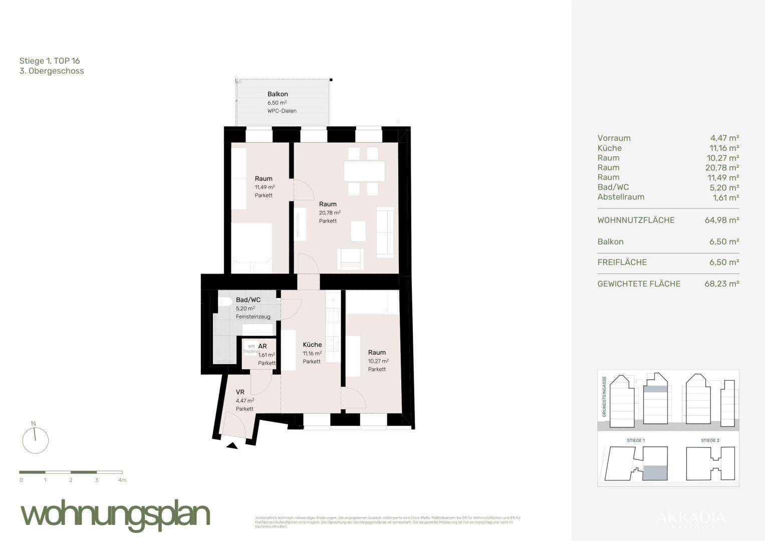 Grundriss der Wohnung im 3. Obergeschoss mit Balkon und klarer Raumaufteilung.
