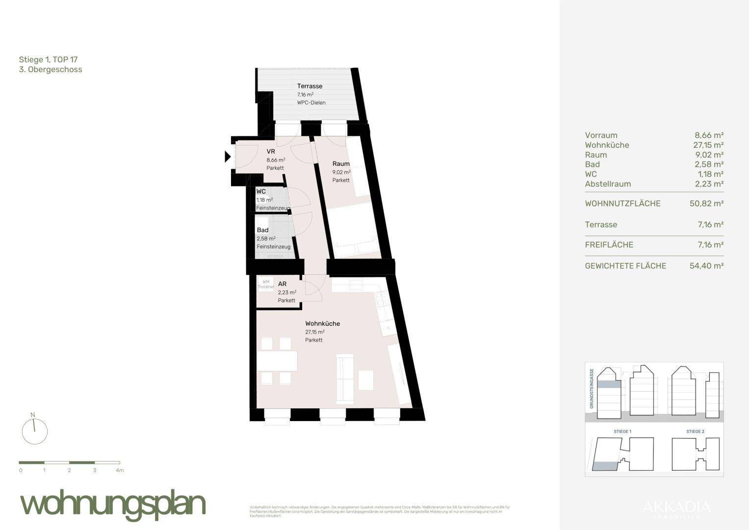Grundriss einer Wohnung im 3. Obergeschoss mit Wohnküche, Bad und Terrasse.