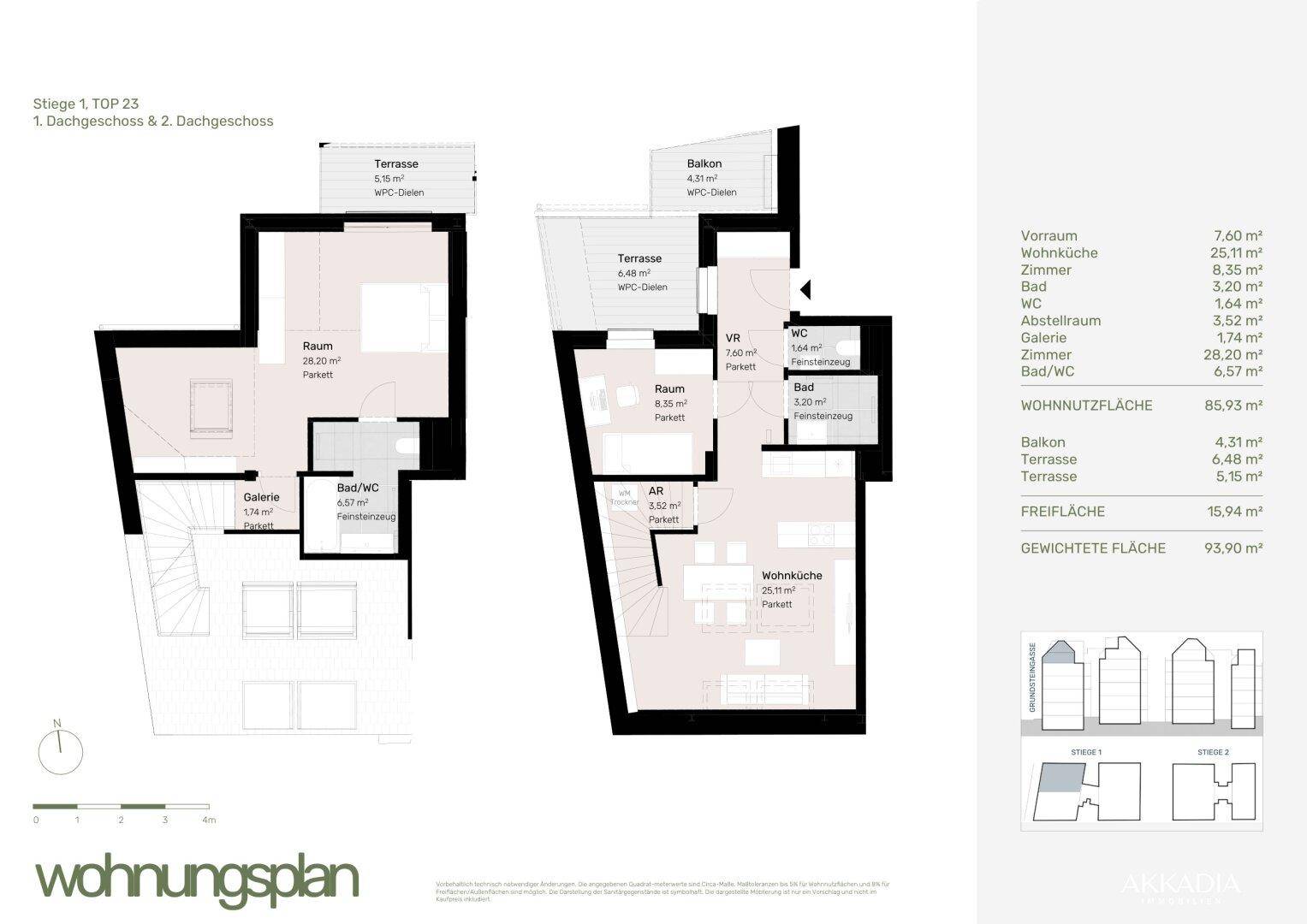 Grundrissplan einer Maisonette-Wohnung mit zwei Terrassen und einem Balkon.