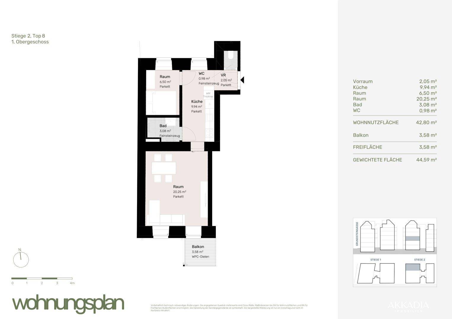 Grundriss des Obergeschosses mit Wohnnutzfläche von 42,80 m² und Balkon.