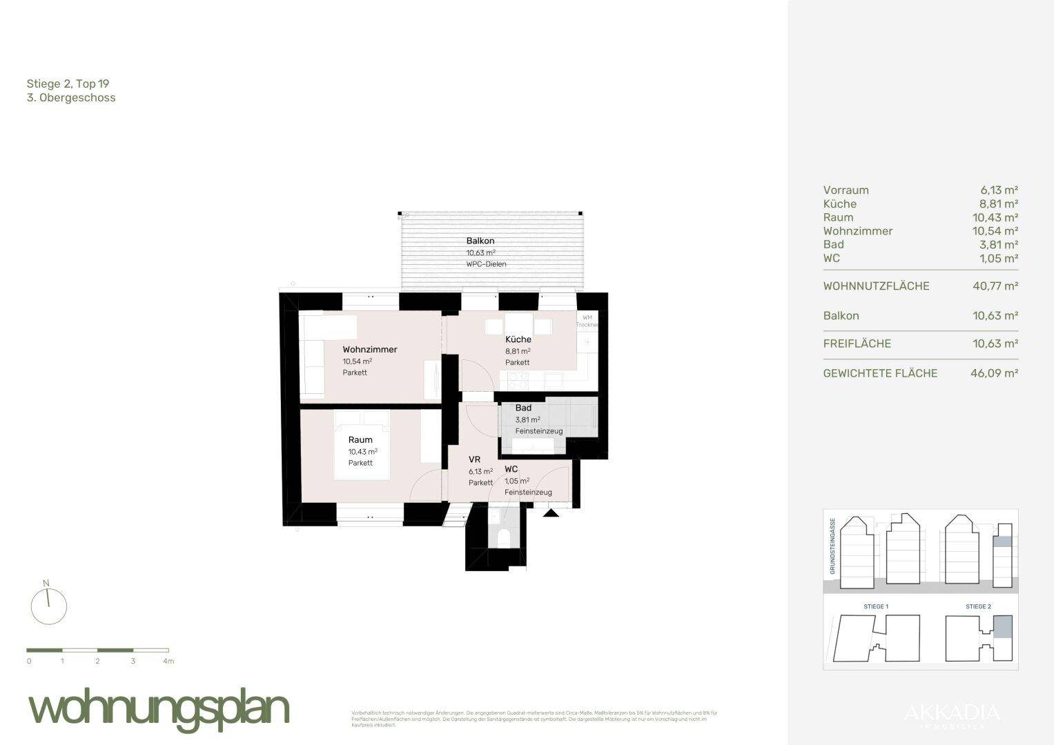 Grundrissplan einer Wohnung mit Wohnzimmer, Küche, Bad, WC und Balkon.