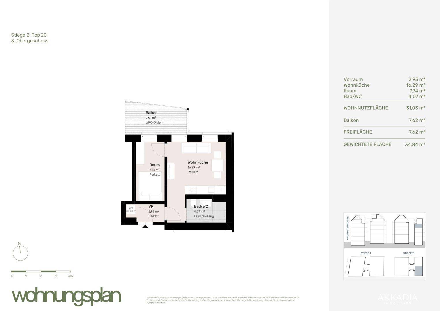 Grundriss einer Wohnung im 3. Obergeschoss mit Balkon und offener Wohnküche.