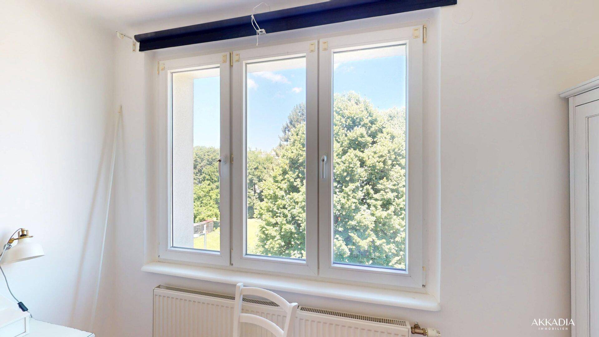 Großes Fenster mit weitem Blick auf üppiges Grün und hohe Bäume.
