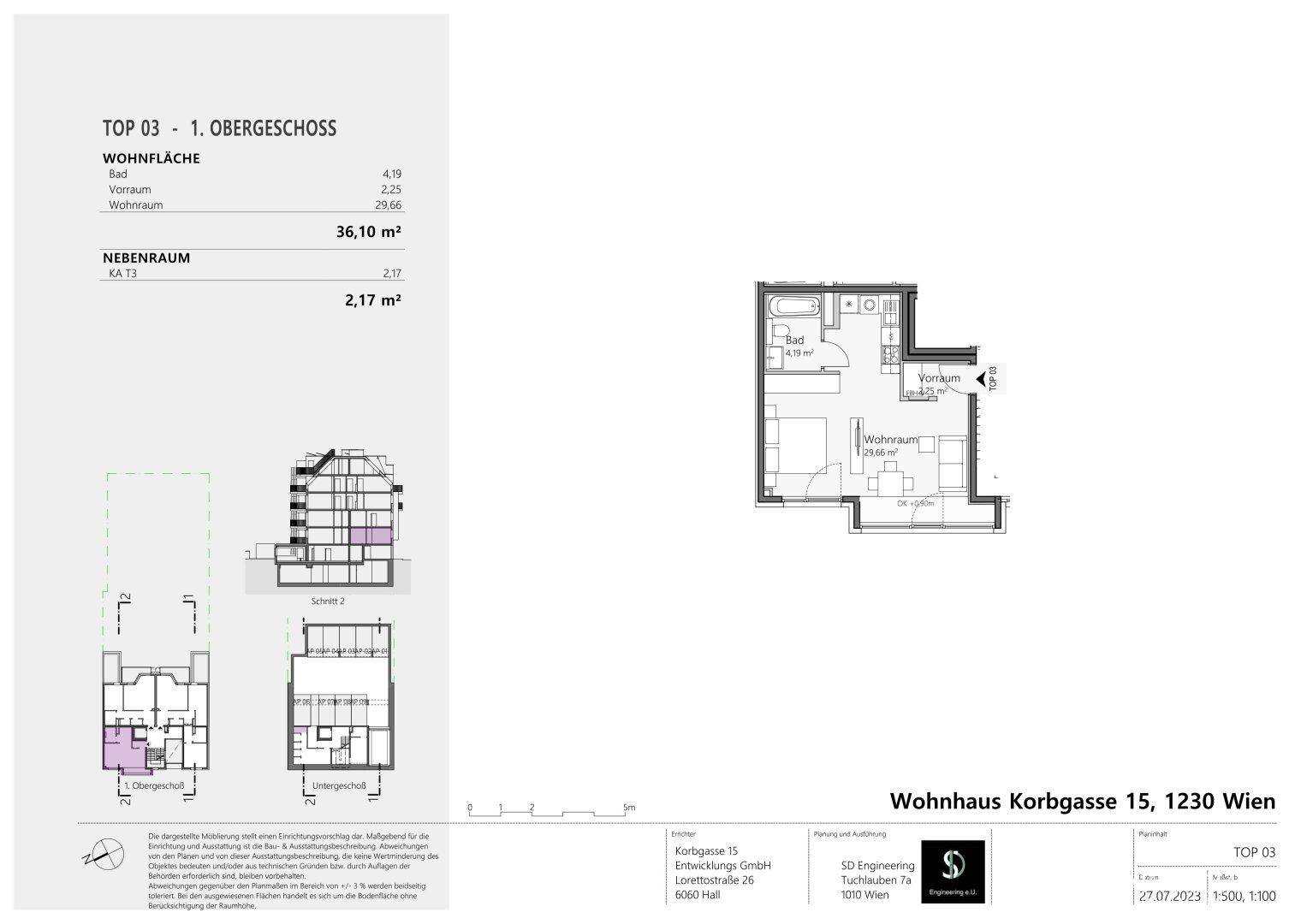 Grundriss der Wohnung TOP 03 im Obergeschoss mit Wohnraum und Bad.