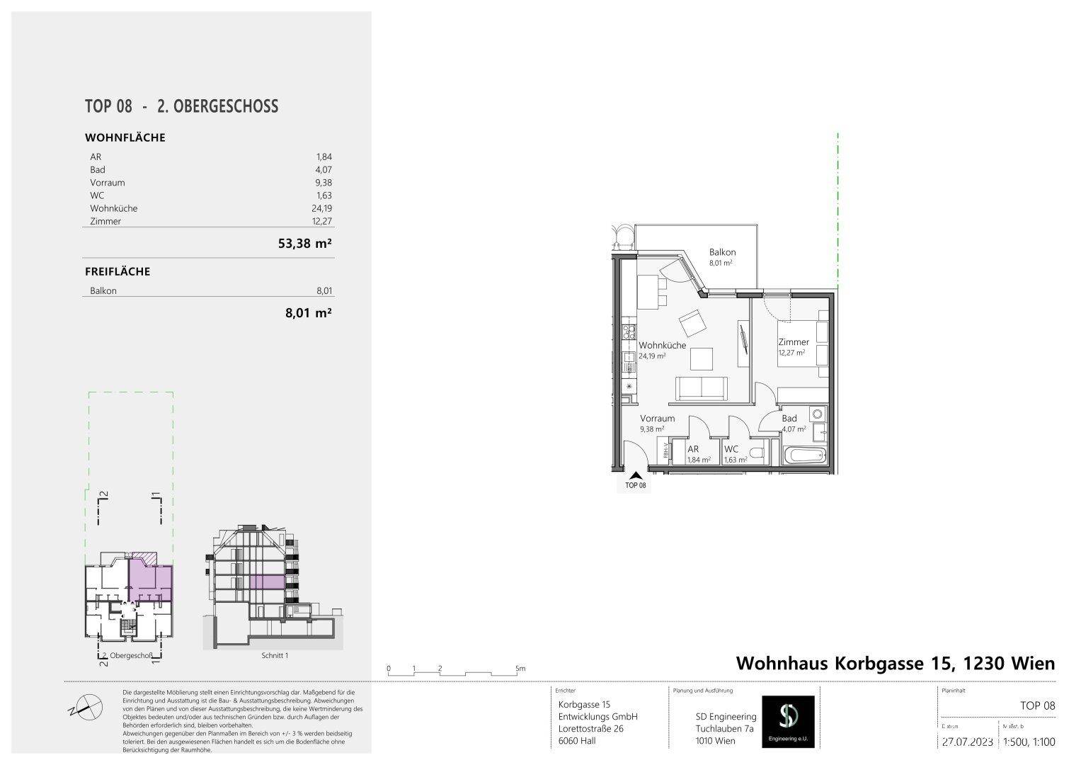 Grundriss der Wohnung TOP 08 im 2. Obergeschoss mit Balkon und separatem WC.