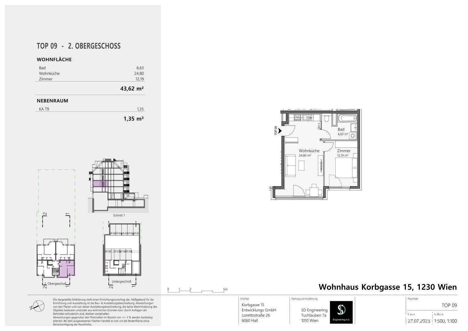 Grundriss des 2. Obergeschosses mit Wohnküche, Bad und einem weiteren Zimmer.