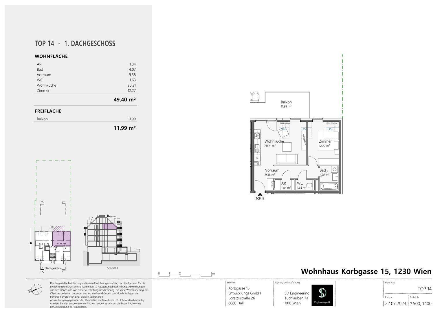 Grundriss des Dachgeschosses mit Wohnküche, Schlafzimmer, Bad, separatem WC und Balkon.