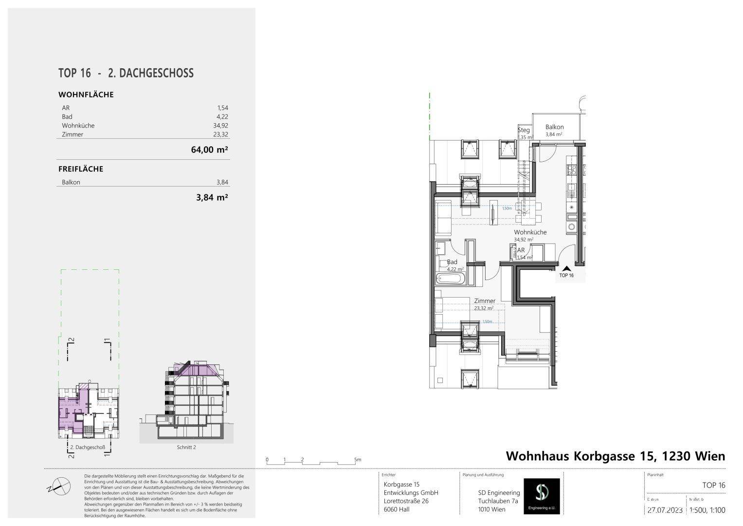 Grundriss einer Dachgeschosswohnung mit Wohnküche, Bad und Balkon, inklusive Flächenangaben.