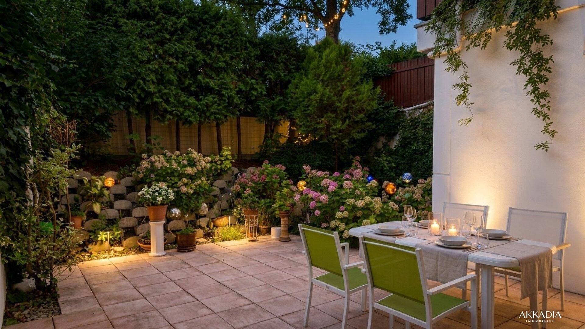 Gemütliche Terrasse mit Esstisch und üppiger Bepflanzung für entspannte Abende.