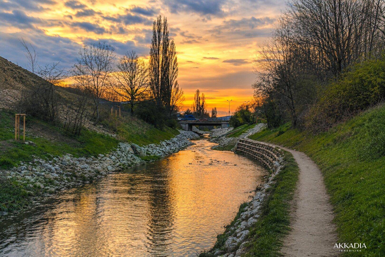Flusslauf mit Uferweg bei Sonnenuntergang, umgeben von Bäumen und natürlicher Landschaft.
