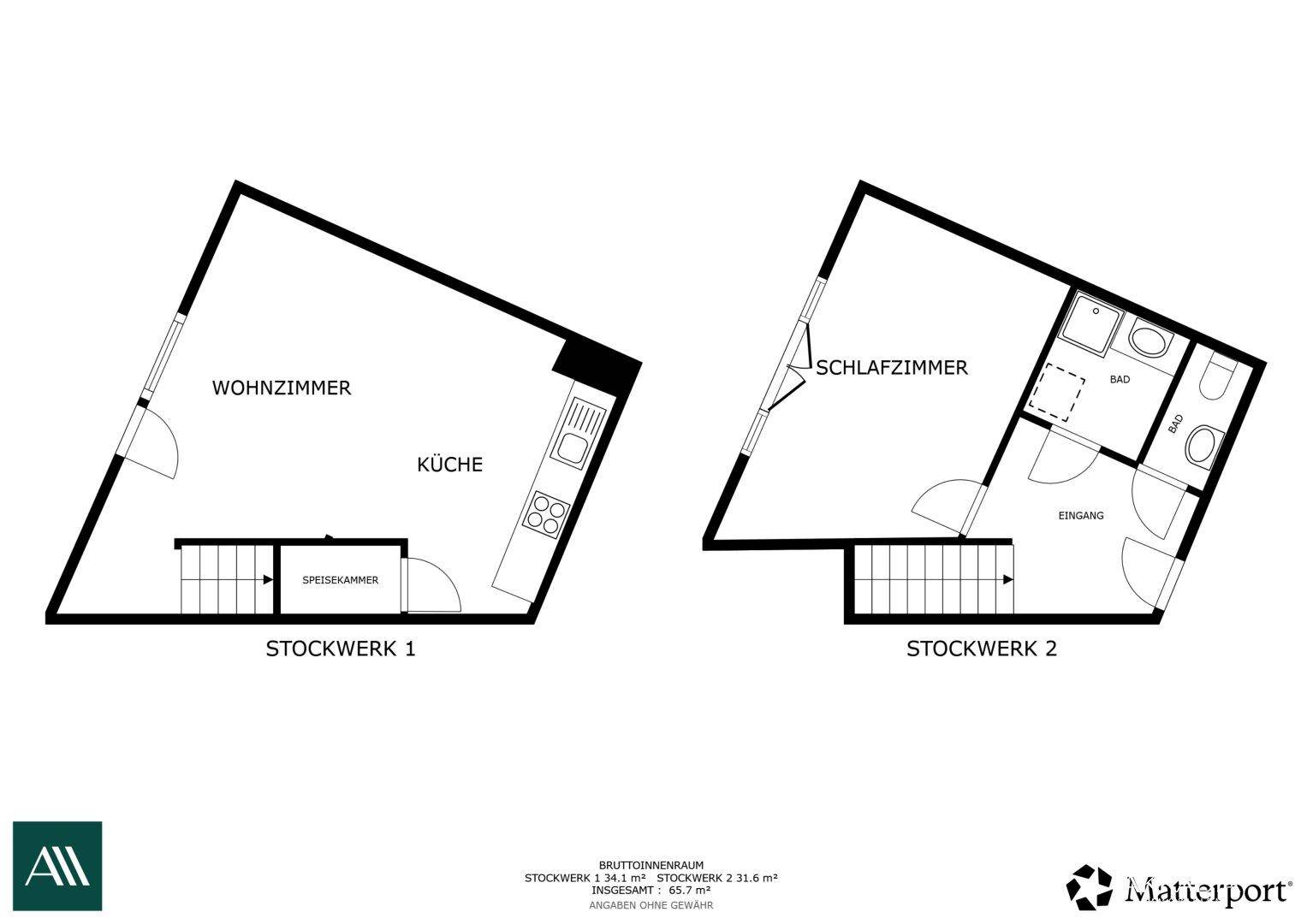Übersichtlicher Grundrissplan mit Wohnzimmer, Küche, Schlafzimmer und Bädern auf zwei Ebenen.