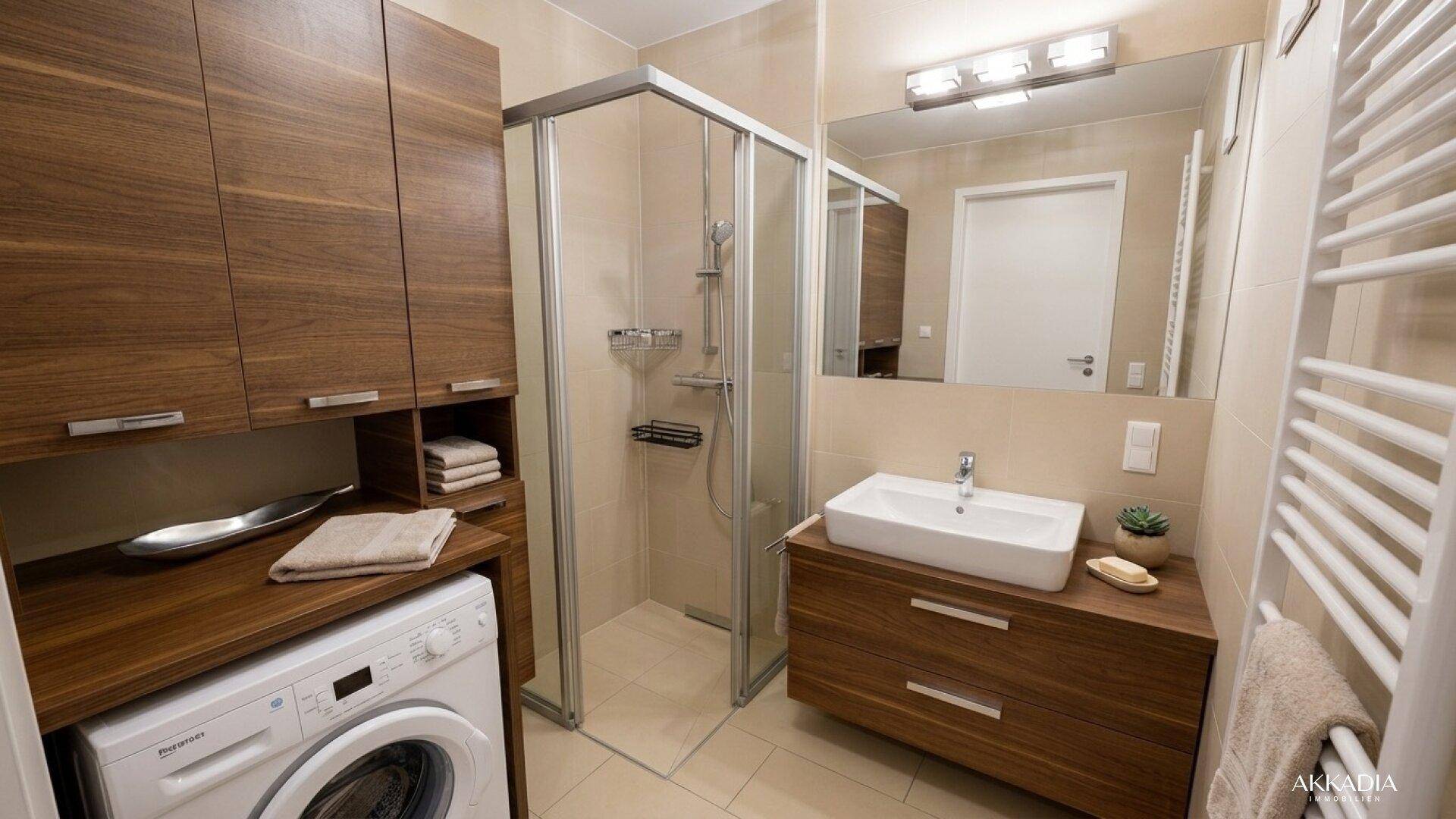 Modernes Badezimmer mit Duschkabine, Waschbecken und praktischen Holzschränken sowie Waschmaschine.