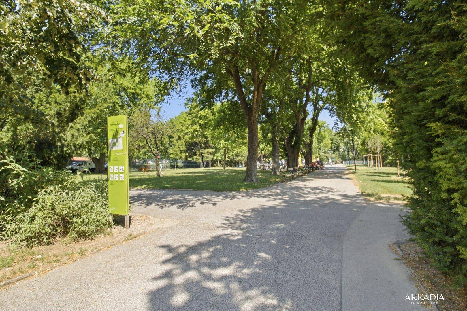 Grüner Parkbereich mit Bäumen, Spazierwegen und viel natürlichem Licht.