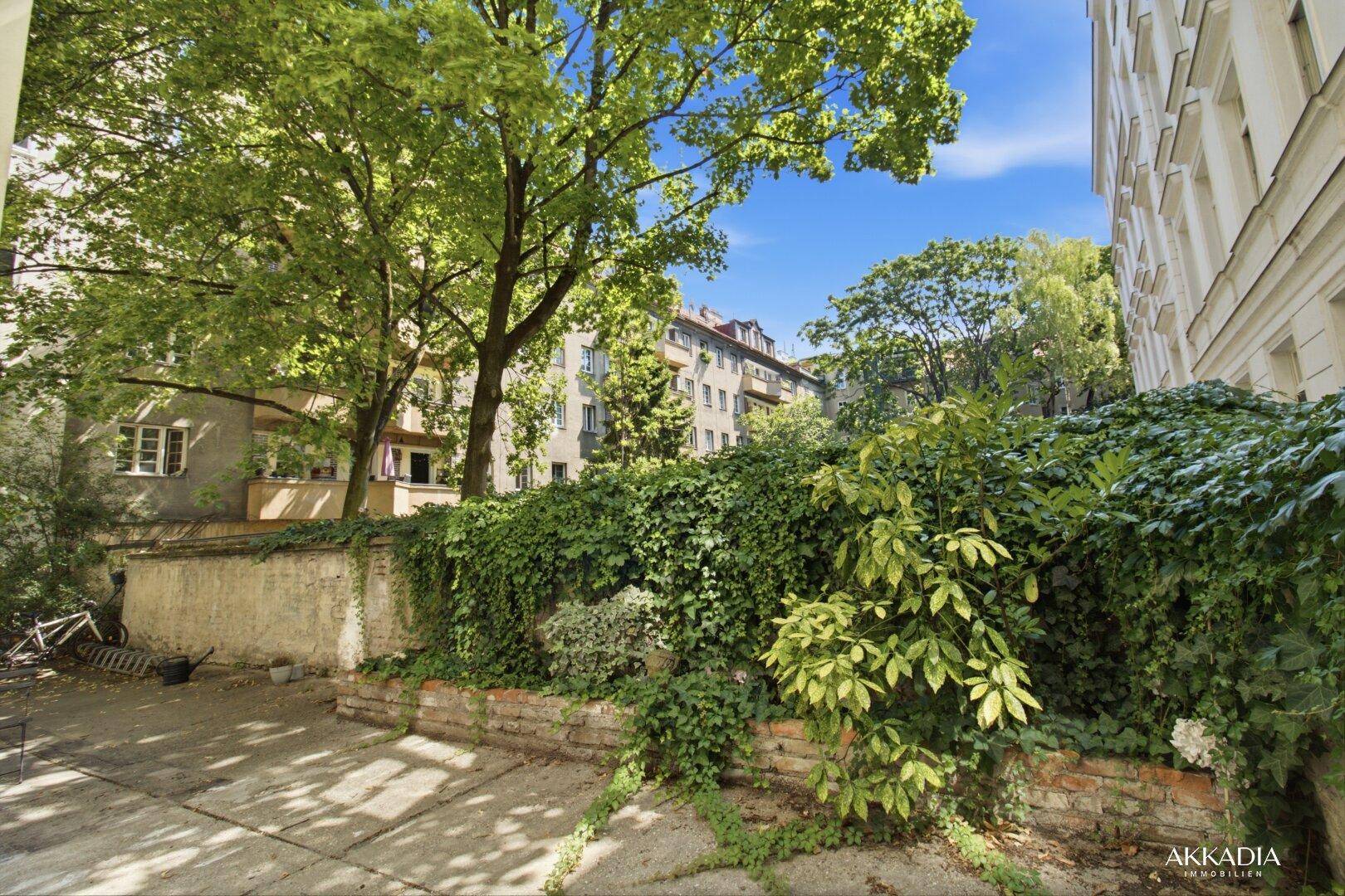 Grüner Innenhof mit alten Bäumen und Blick auf die umliegende Bebauung.