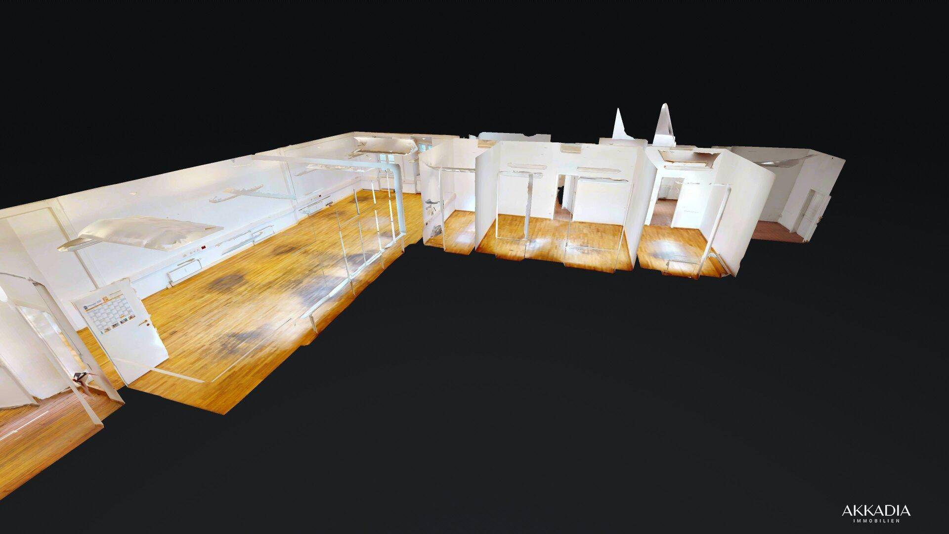 3D-Grundrissdarstellung eines Bürogebäudes mit mehreren Räumen und sichtbaren Holzfußböden.