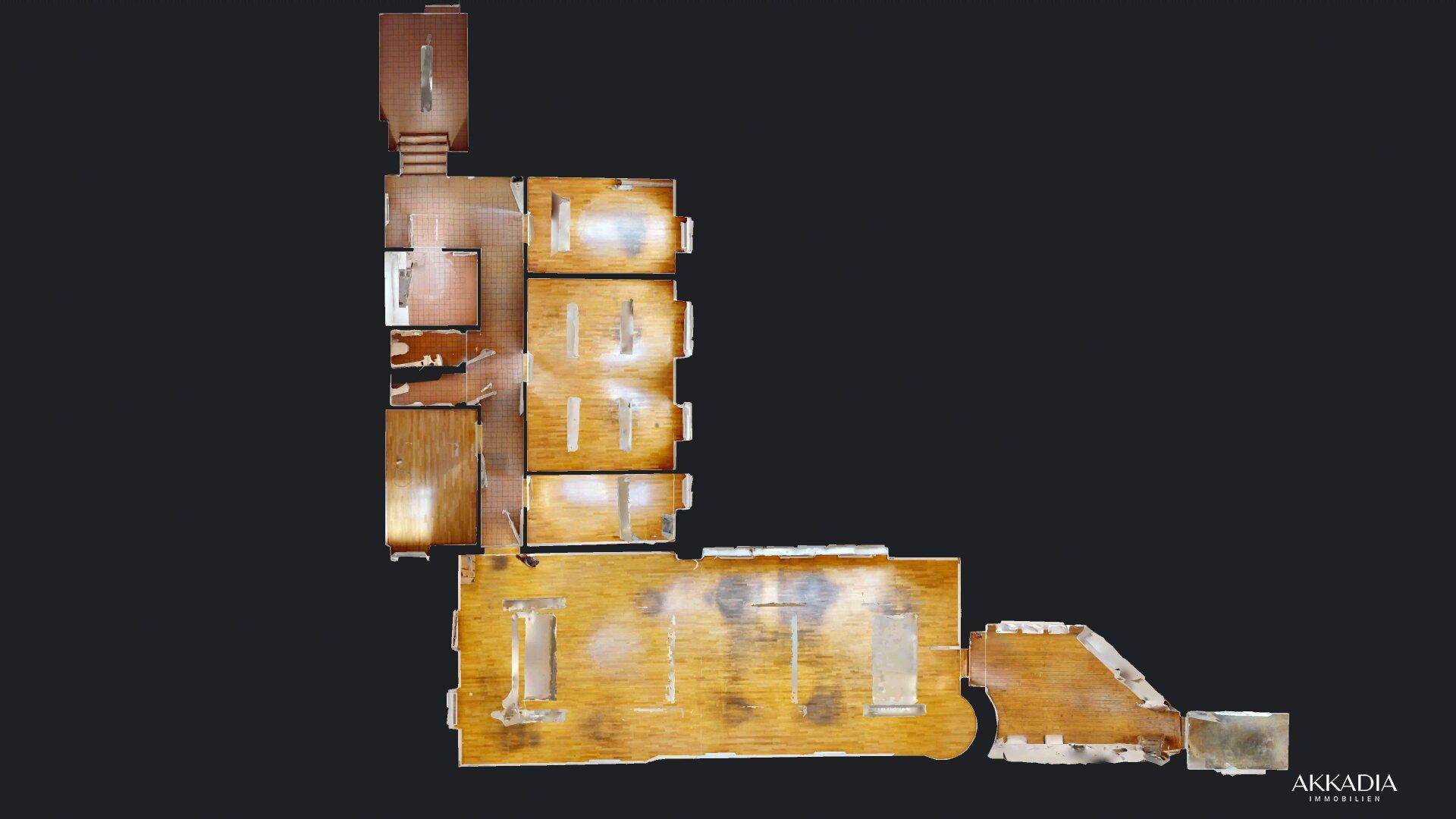 3D-Grundrissdarstellung eines Bürogebäudes mit mehreren Räumen und sichtbaren Holzfußböden.