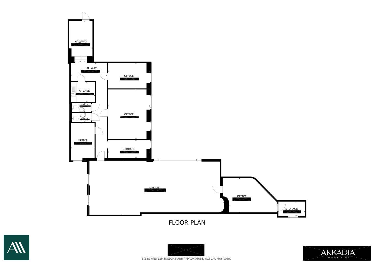 Schwarz-weißer Grundrissplan eines Bürokomplexes mit verschiedenen Räumen und Beschriftungen zur Orientierung.
