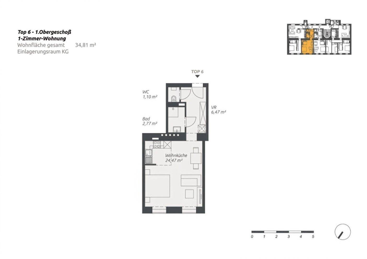 Grundriss einer 1-Zimmer-Wohnung im 1. Obergeschoss mit Wohnküche und Bad.