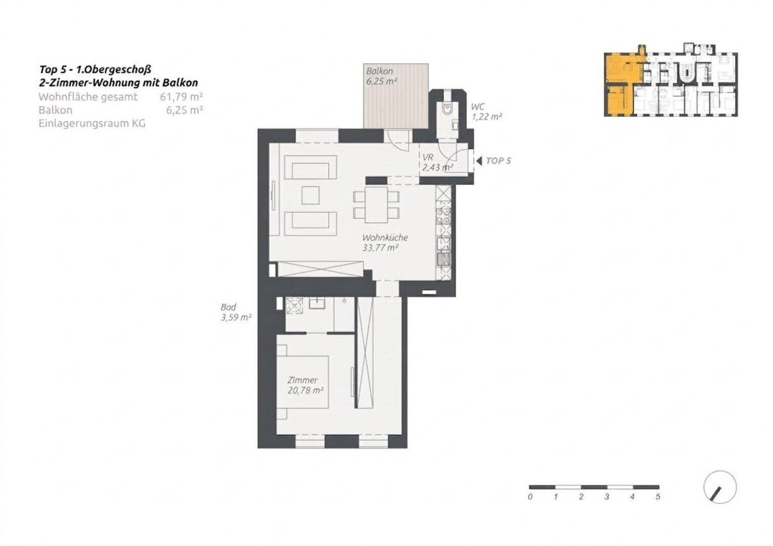 Grundriss der 2-Zimmer-Wohnung Top 5 im ersten Obergeschoss mit Balkon und offener Wohnküche.