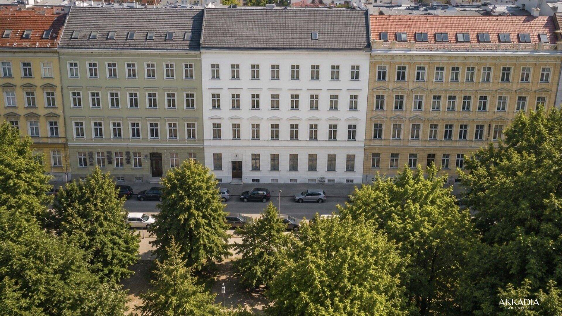 Luftaufnahme einer Häuserzeile mit grünen Bäumen entlang einer städtischen Straße.