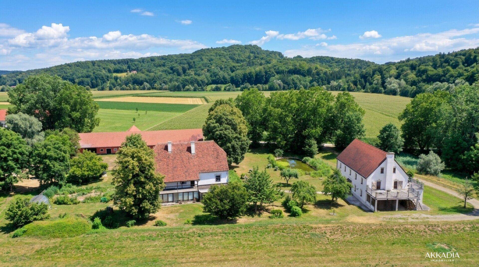 Luftaufnahme des Anwesens mit Teich, umgeben von grünen Feldern und Wäldern.